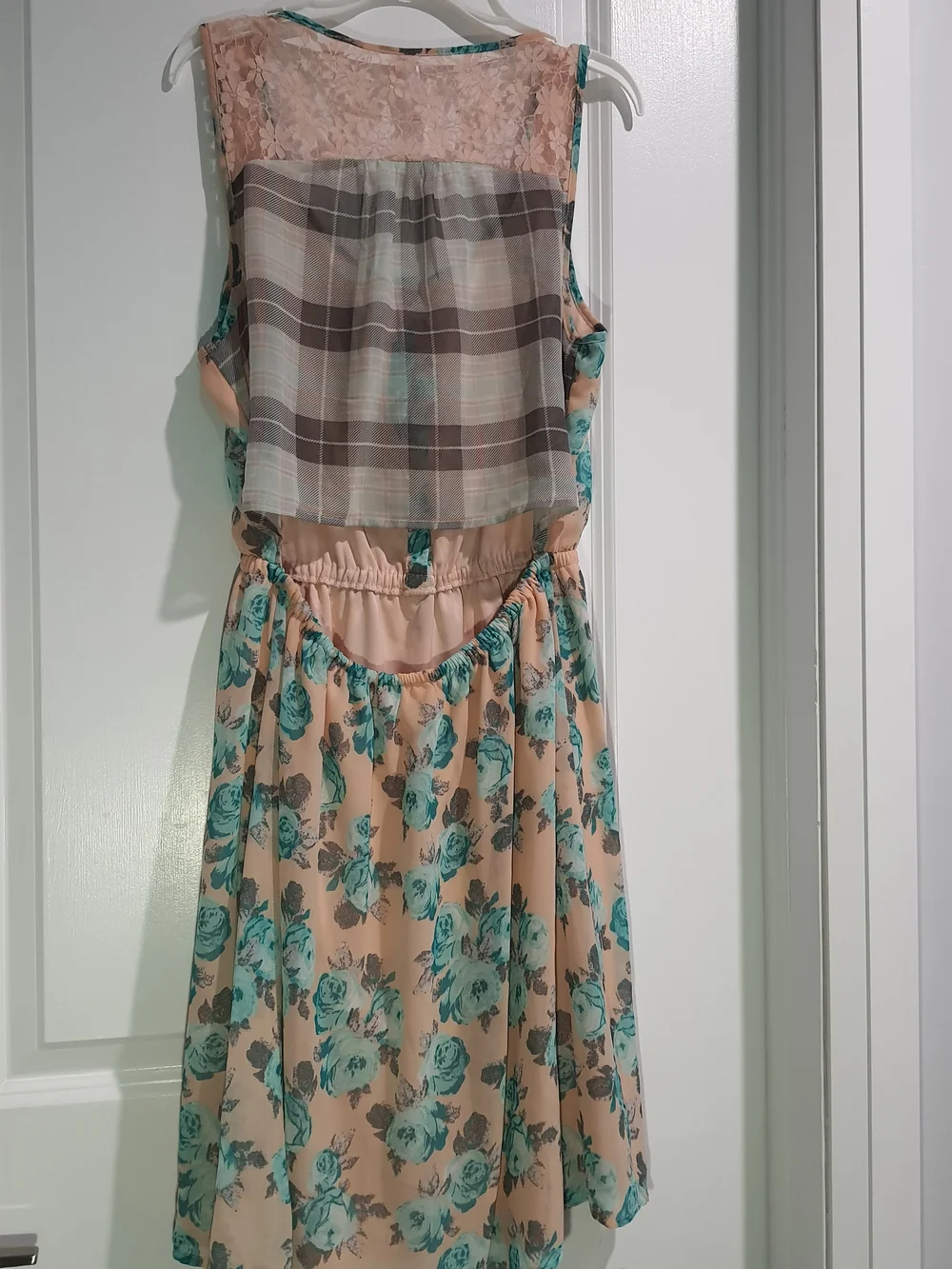 Peach Floral Sleeveless Open-Back Dress with Turquoise Roses - Picture 4 of 7